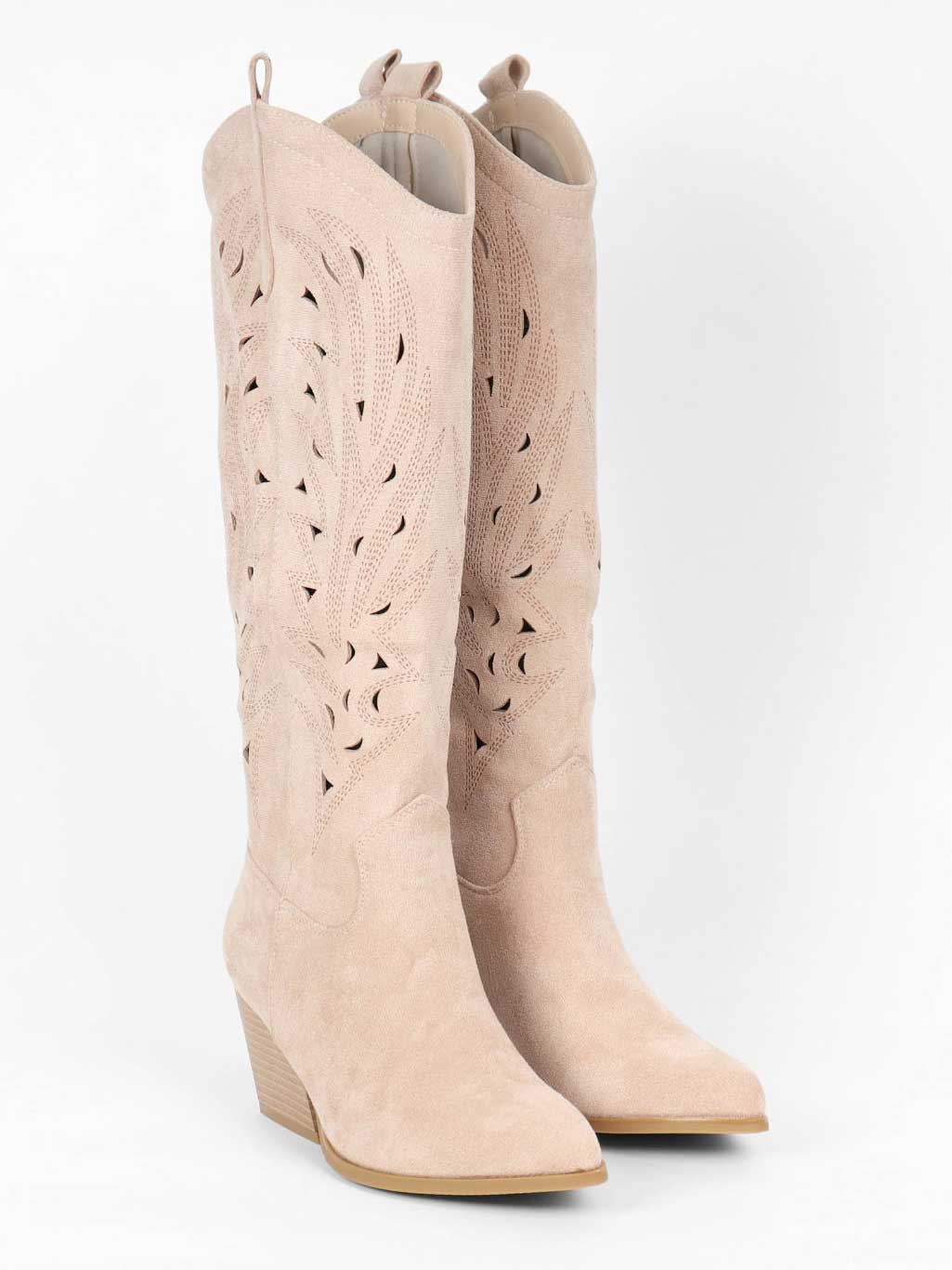 Damina - Cowboystøvler i ruskindslook med mønstret huller i